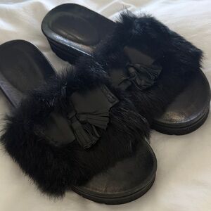 Rudsak Black Fur Slide Sandals